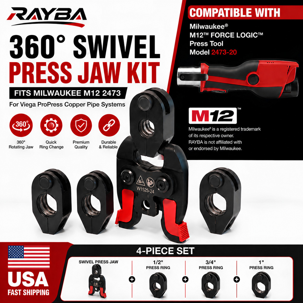 24kN Press Jaw & Ring Kit 1/2″ 3/4″ 1″ Compatible with Milwaukee M12 2473