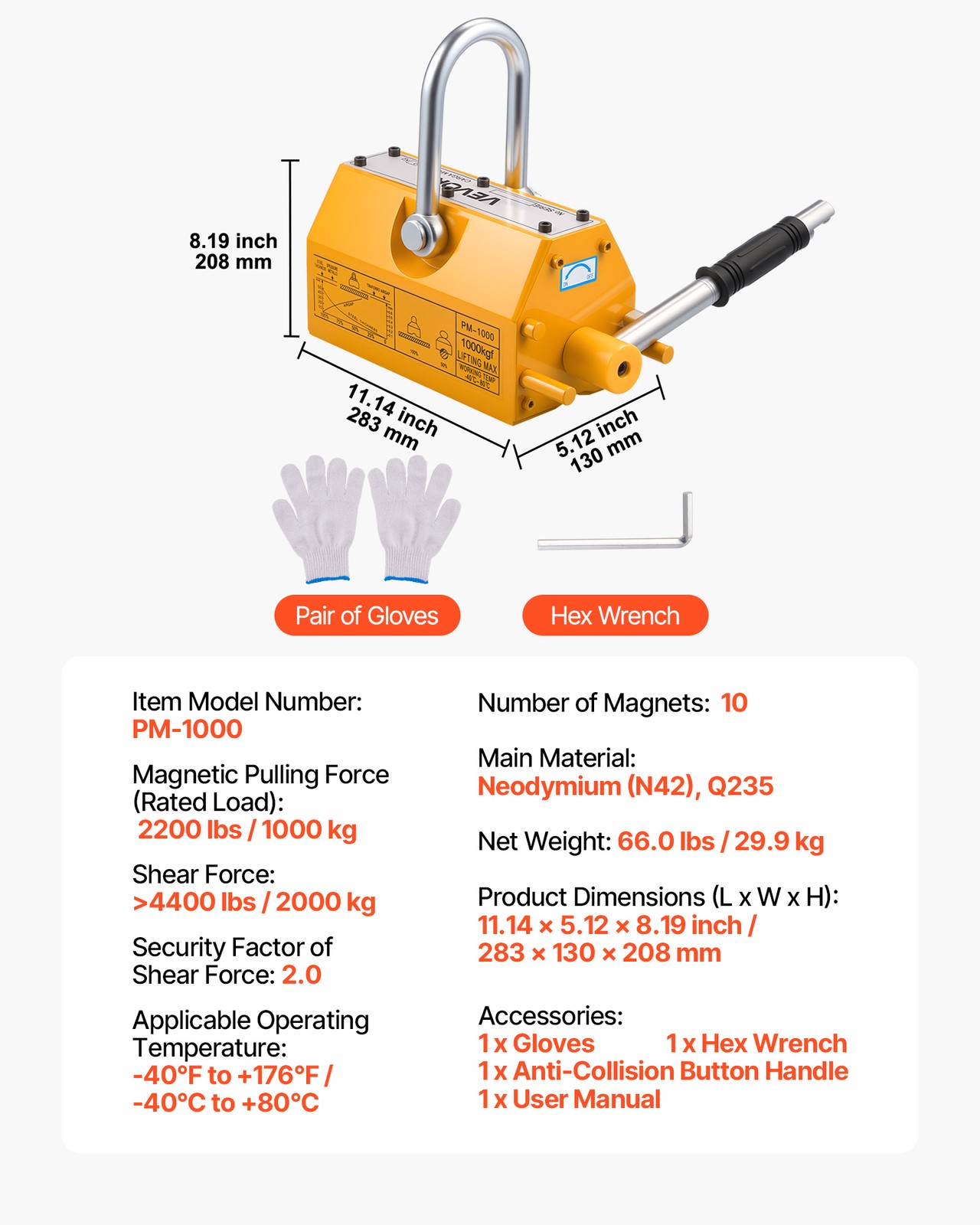 VEVOR Permanent Magnetic Lifter Lifting Magnet 2200 lbs Pulling Capacity N42