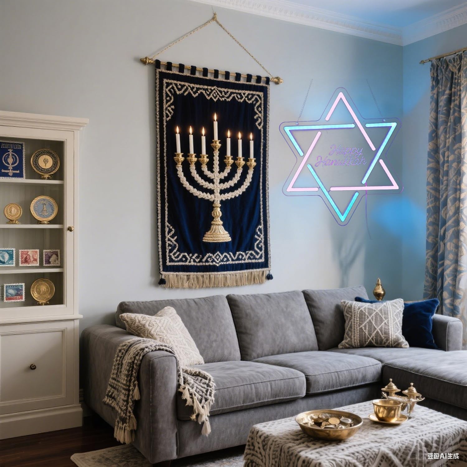 Hanukkah Neon Sign, | David Star Pink Blue Gradient LED Light with ‘Happy Han…