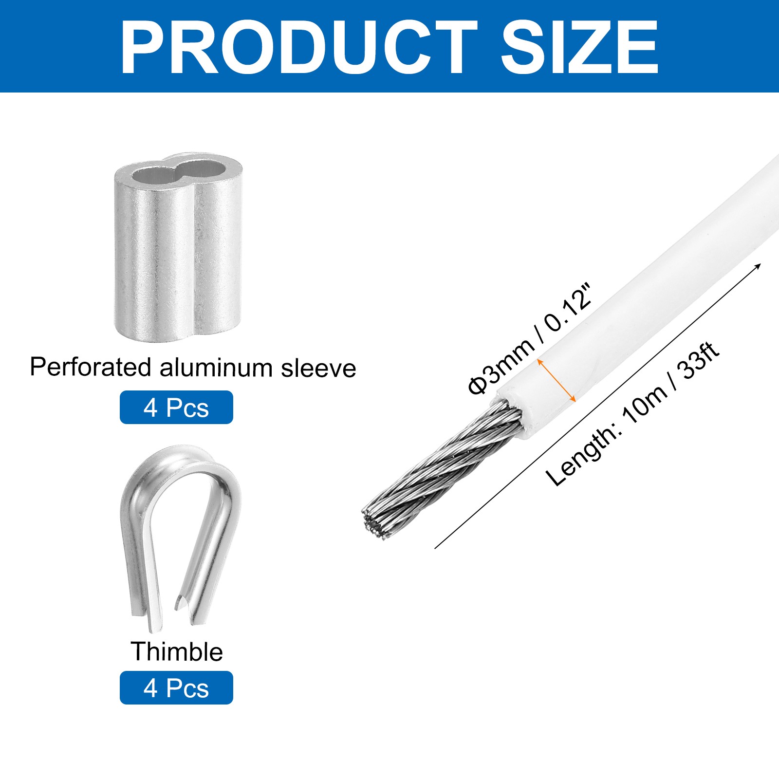 33Ft(10M) Wire Rope Stainless Steel Cable 1/8″ 4pcs Sleeves & Thimble, White