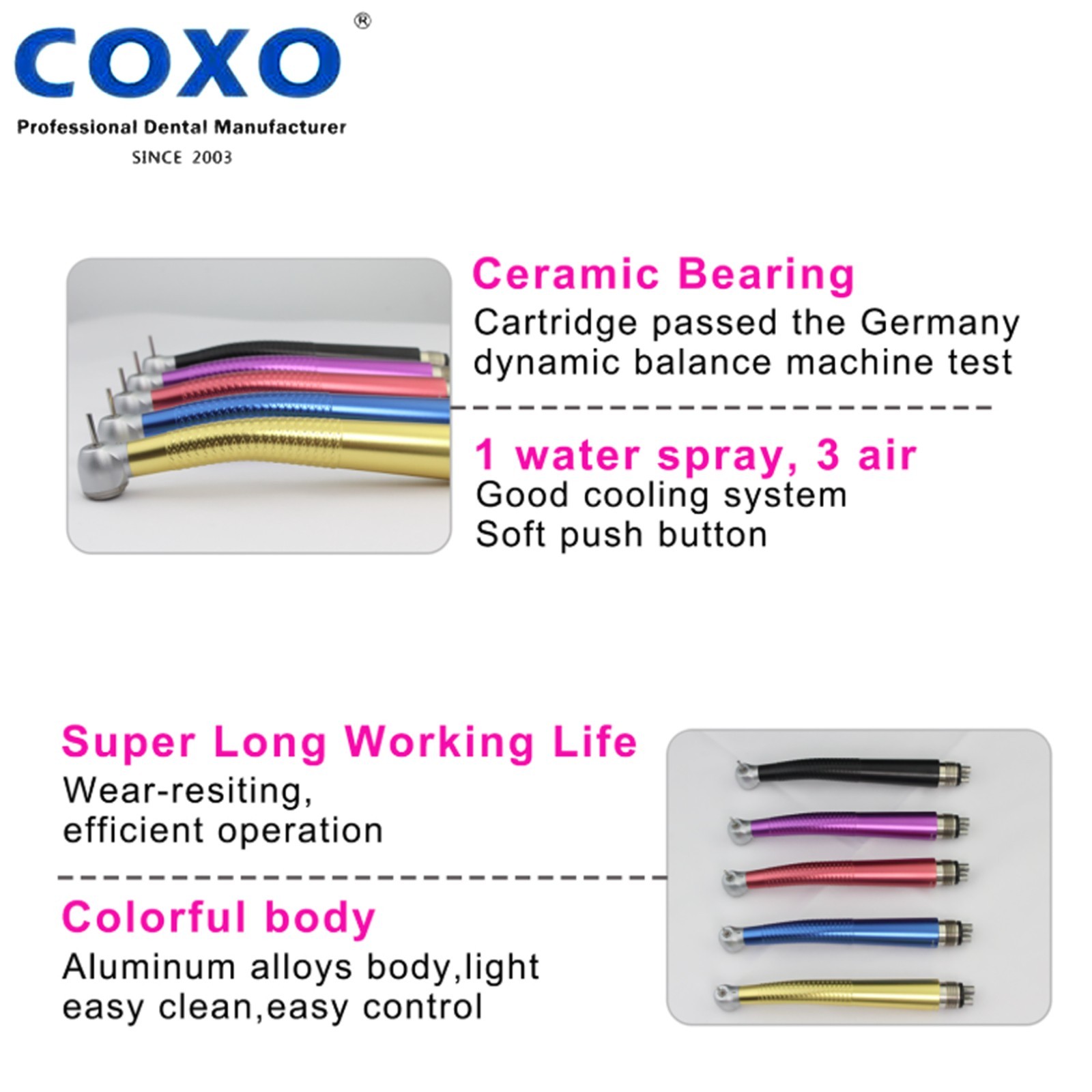 US COXO Colorful Dental High Speed Handpiece Air Turbine Anti-retraction 4 Holes