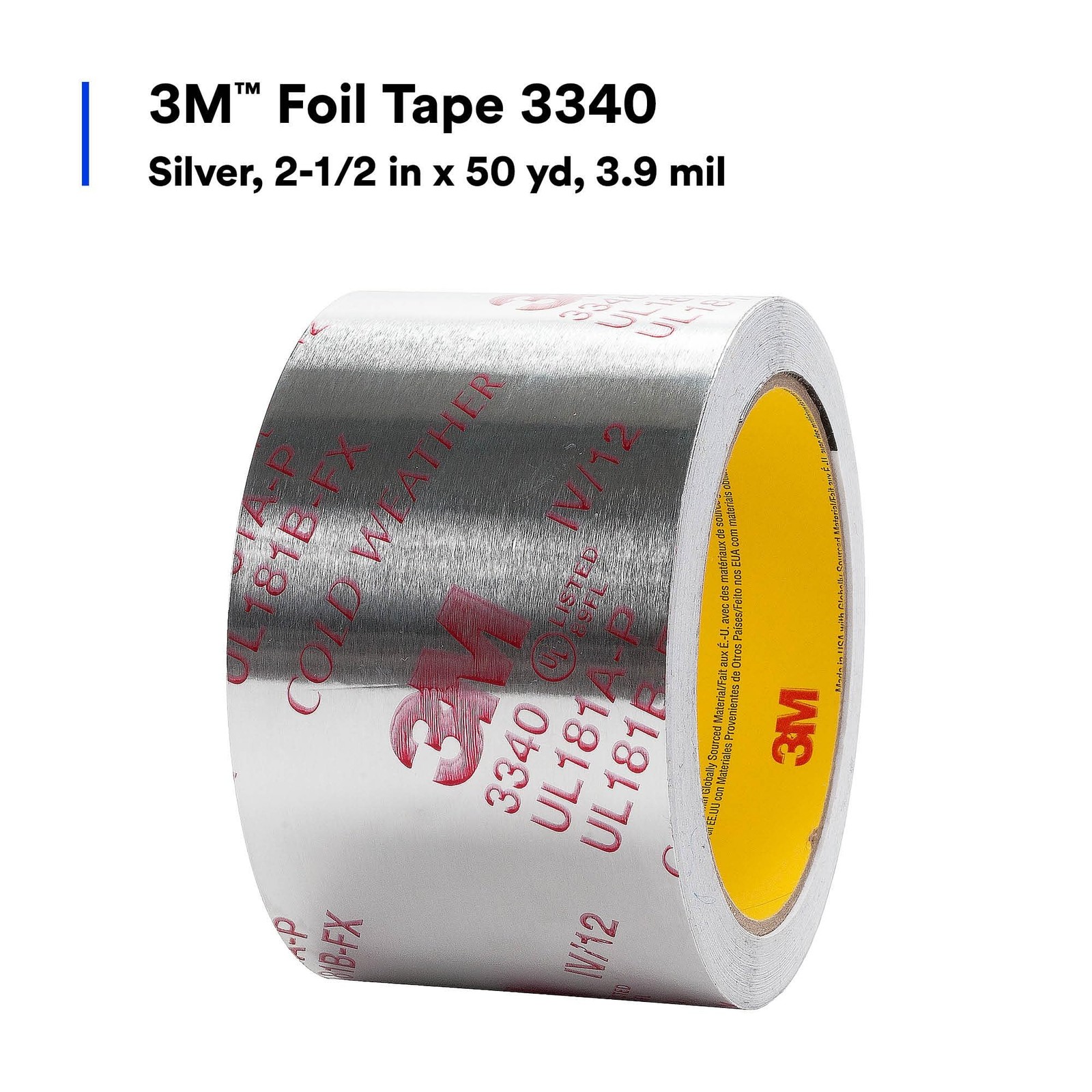 3M Aluminum Foil Tape 3340, 2.5″ 2.5 inches x 50 yards x 0.004 inches, Silver