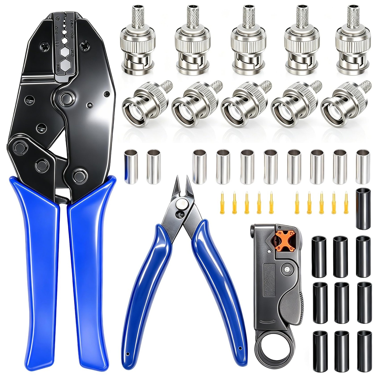 Taiss Coaxial Cable Tool Kit BNC Crimp tool with 10PCS Male Black