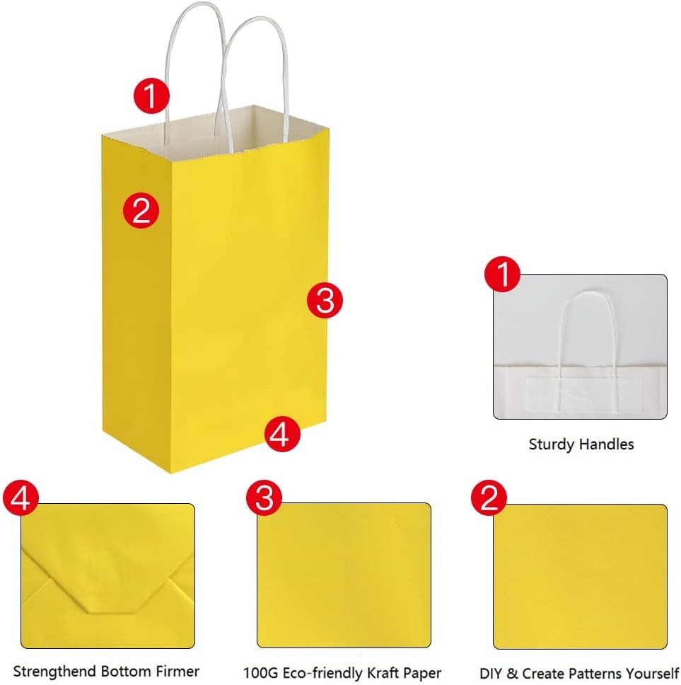100 Pack 5.25×3.25×8.25 Inch Small Yellow Kraft Paper Bags with Handles Bulk …
