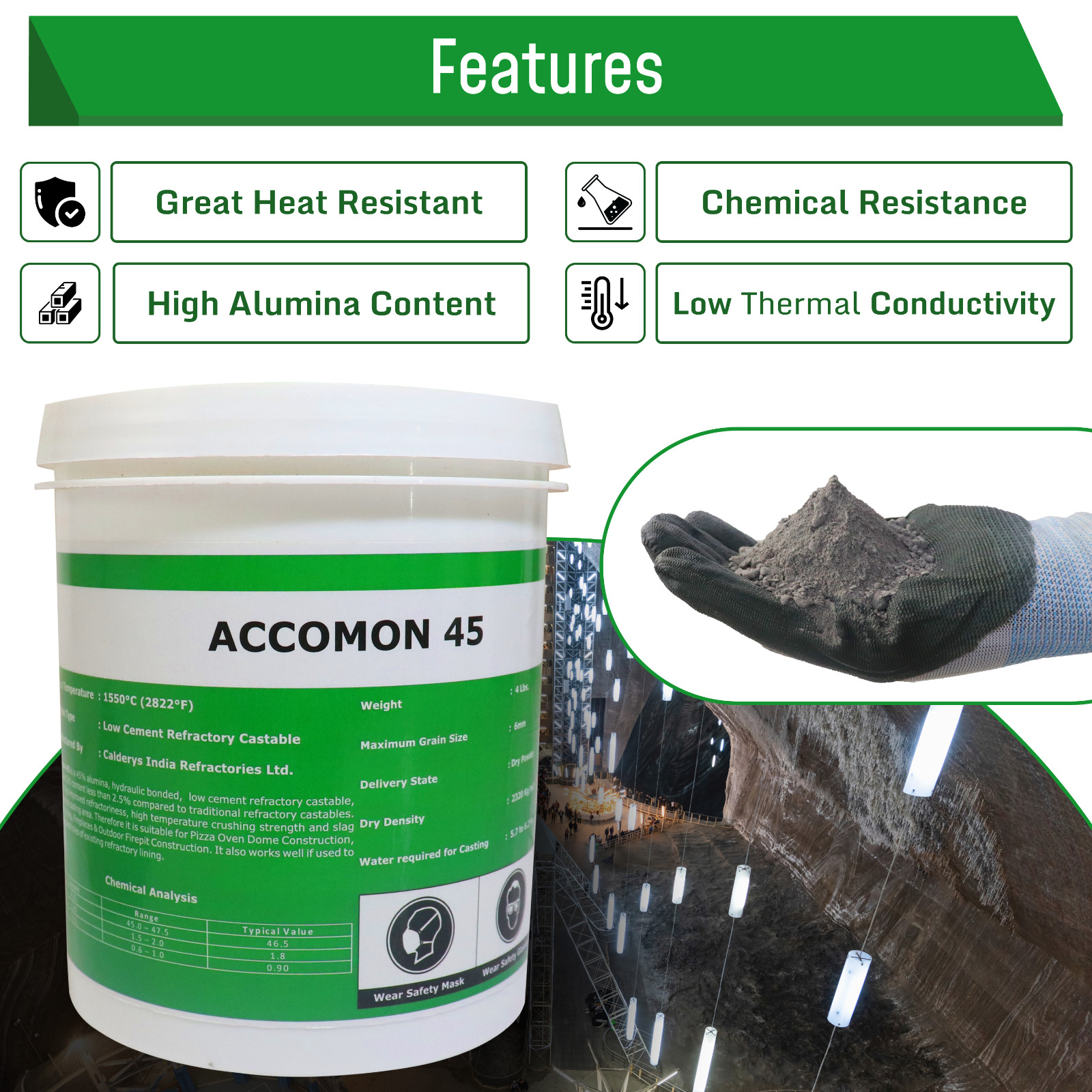 Castable Refractory Cement, 45% Alumina Low Cement Castable, Accomon-45 , 4 LBS