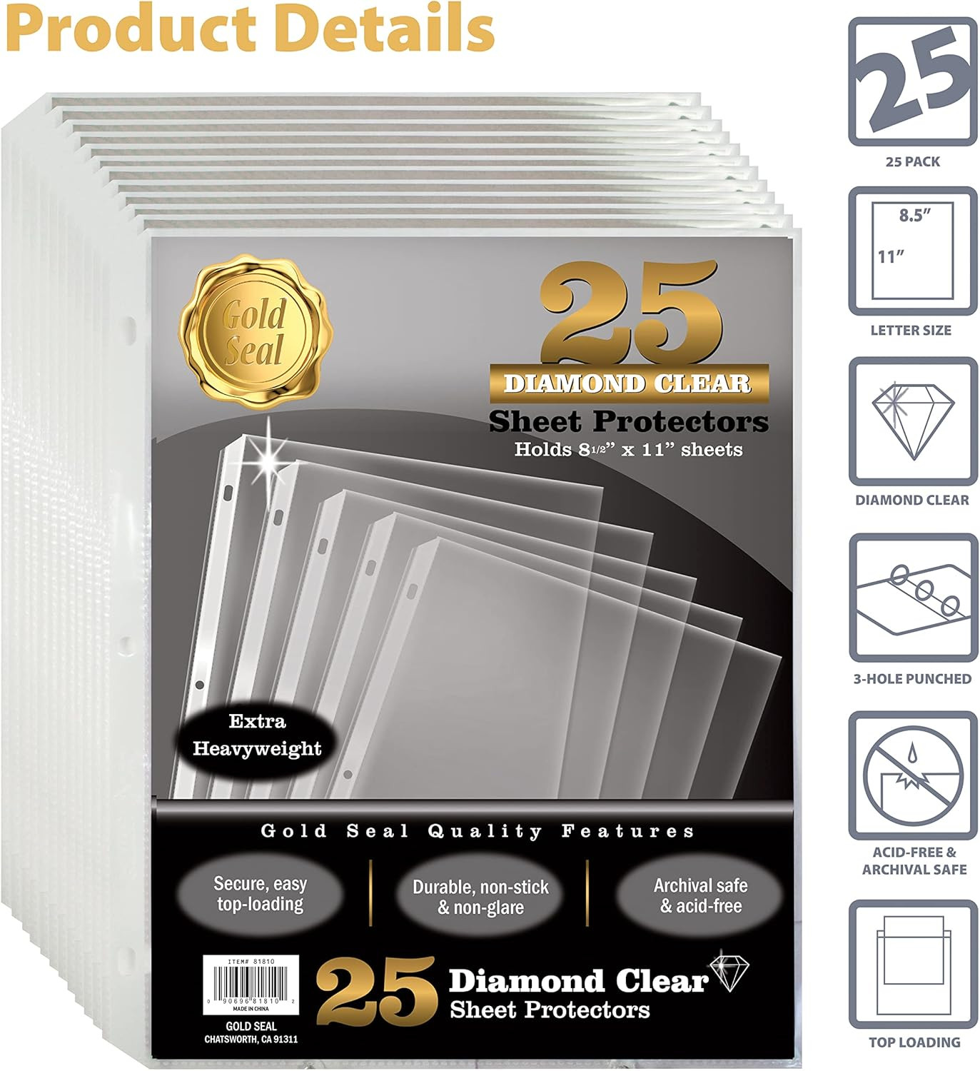 GOLD SEAL Sheet Protectors, 25 Pack 8.5 X 11 Anti-Glare Sheet Protectors for 3 R