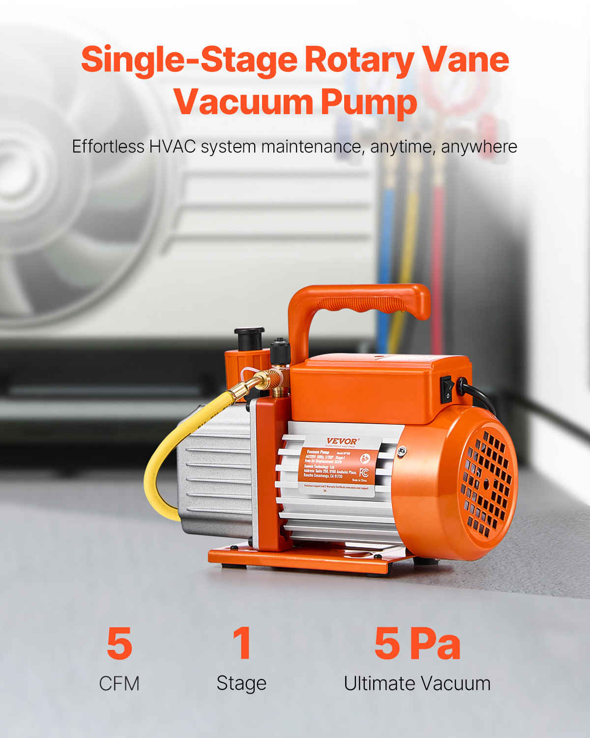 VEVOR Vacuum Pump 5 CFM HVAC Single Stage Rotary Vane Vacuum Pump Oil Included