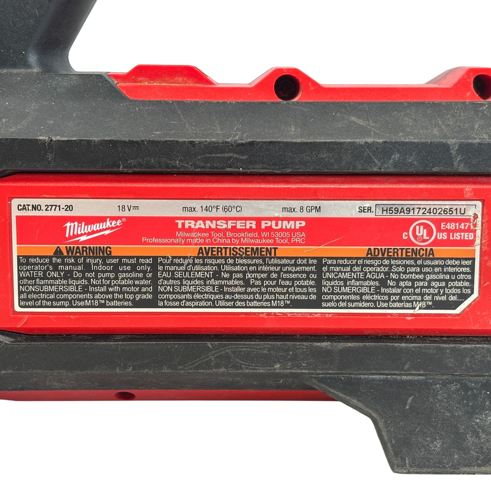Milwaukee 2771-20 M18 Portable Cordless Water Transfer Pump – 8307