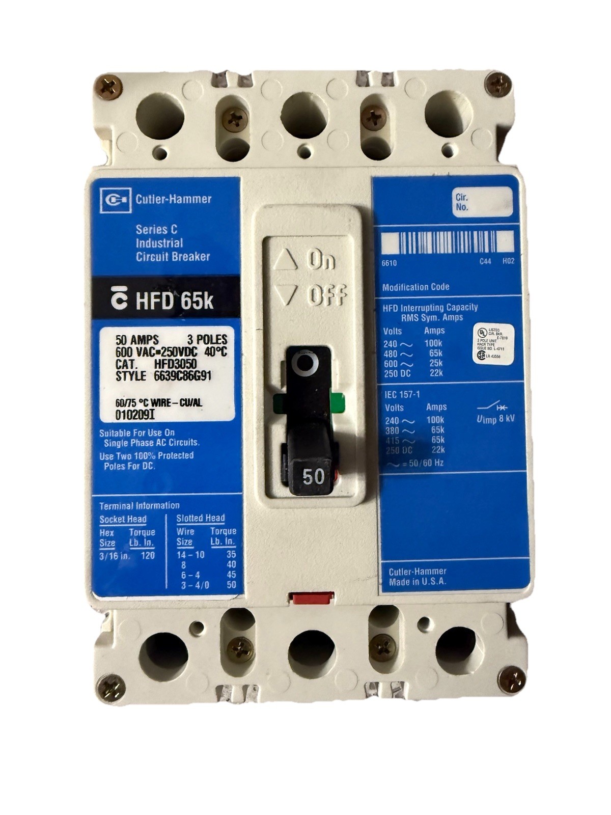 Eaton Cutler Hammer HFD3050 50A 3 Pole Circuit Breaker 600VAC 250VDC HFD 65k
