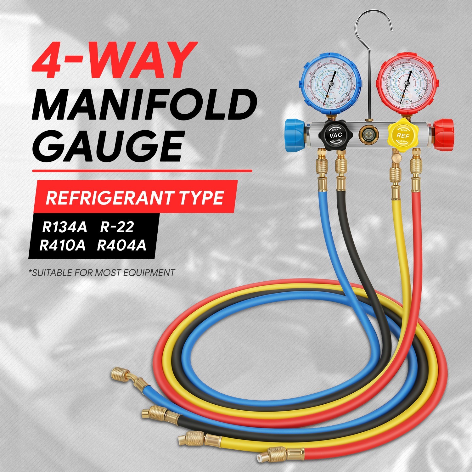 R134A R-22 R410A R404A Charging 4 Way 4 valves AC Manifold Gauge & 5FT Hose