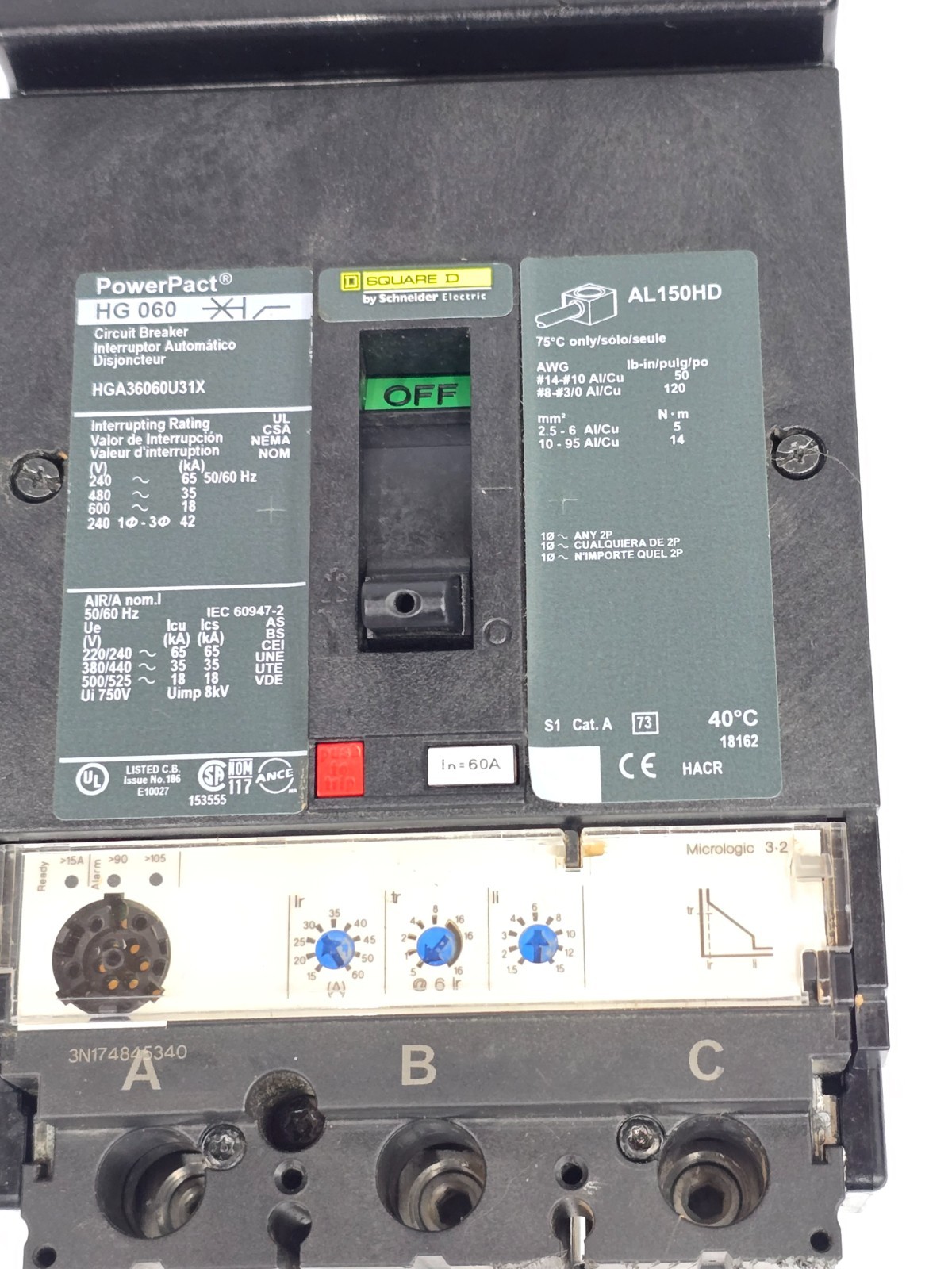 Square D 60 Amp I-Line Circuit Breaker 600 VAC 3 Pole 65 kA HGA36060U31X (Flaw)