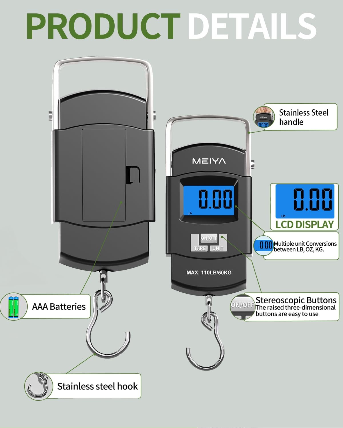 Digital Fish Scale 110lb/50kg Backlit LCD Stainless Steel Hook 2 AAA Batteries