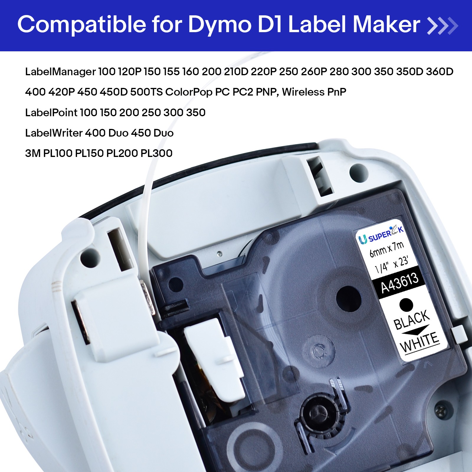 1PK Black on White Label Tape 1/4″ *23ft For Dymo D1 43613 LabelManager 160 450D