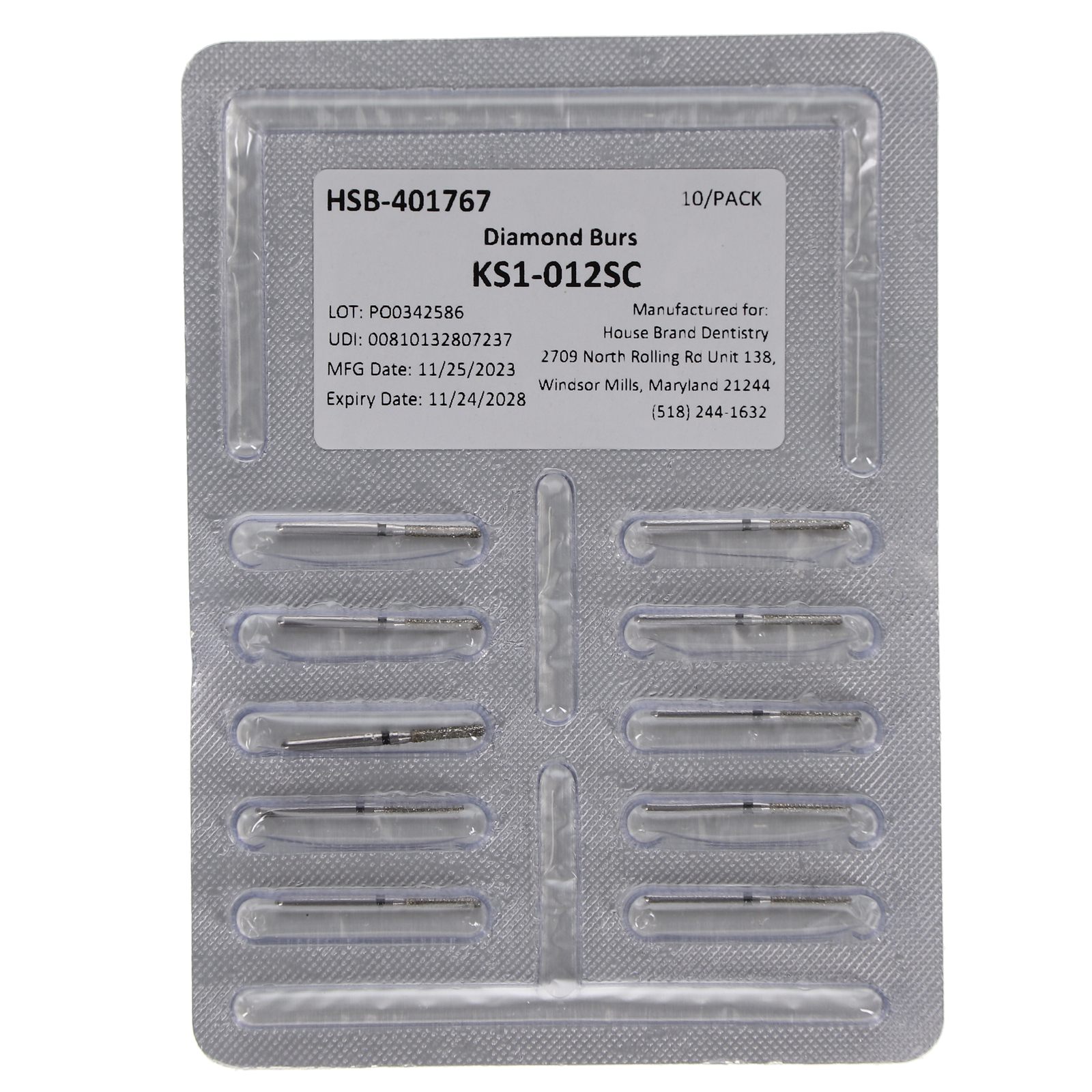 House Brand Dentistry KS1-012SC Modified Cylinder Super Coarse Diamond Burs 10Pk