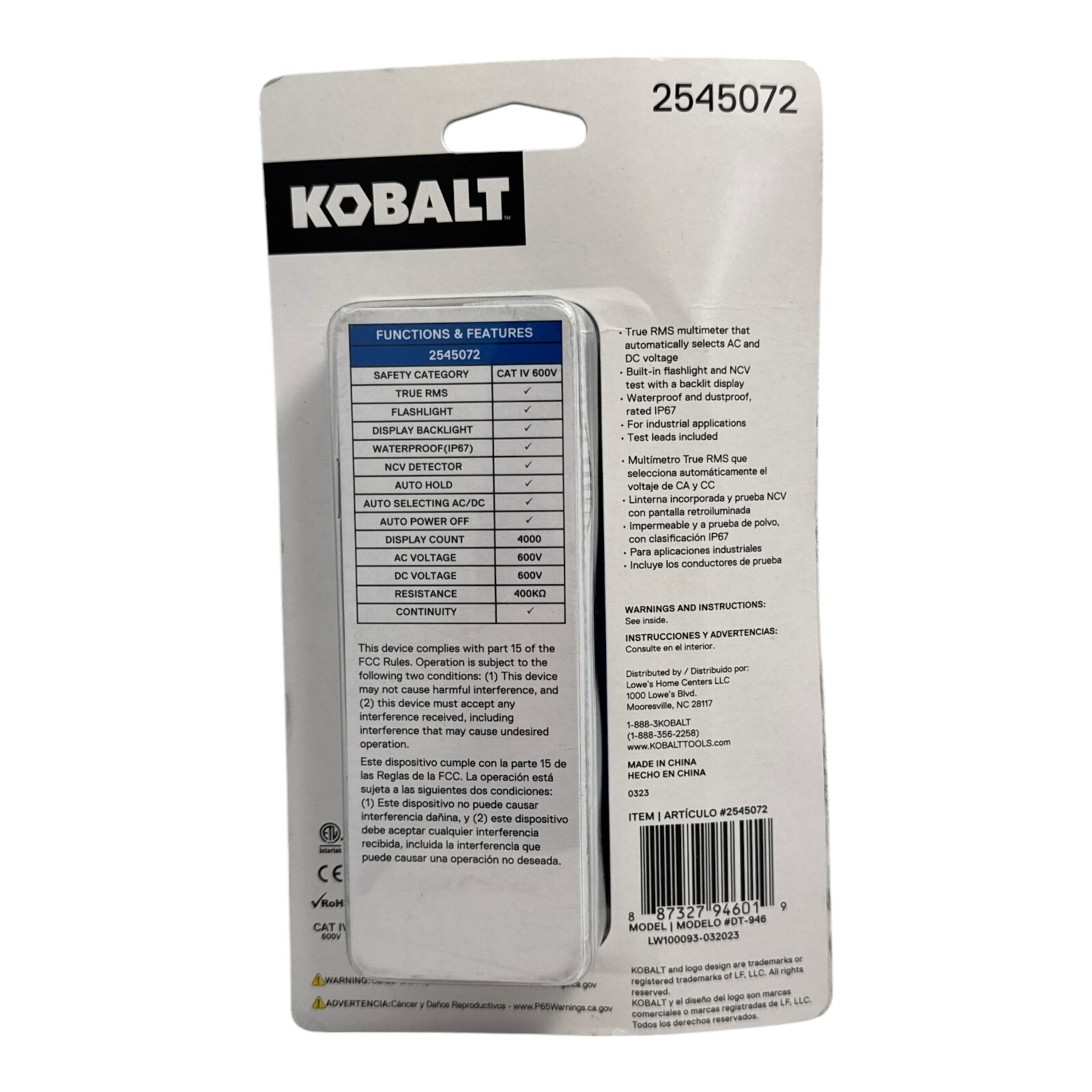 Kobalt Digital True RMS Multimeter CAT IV 600V (2545072) New Sealed
