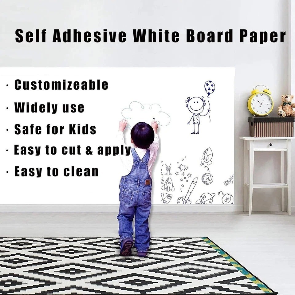 Self Adhesive White Board Paper – Dry Erase Wall Stickers Roll 17.7″ X 78.7″ (6.