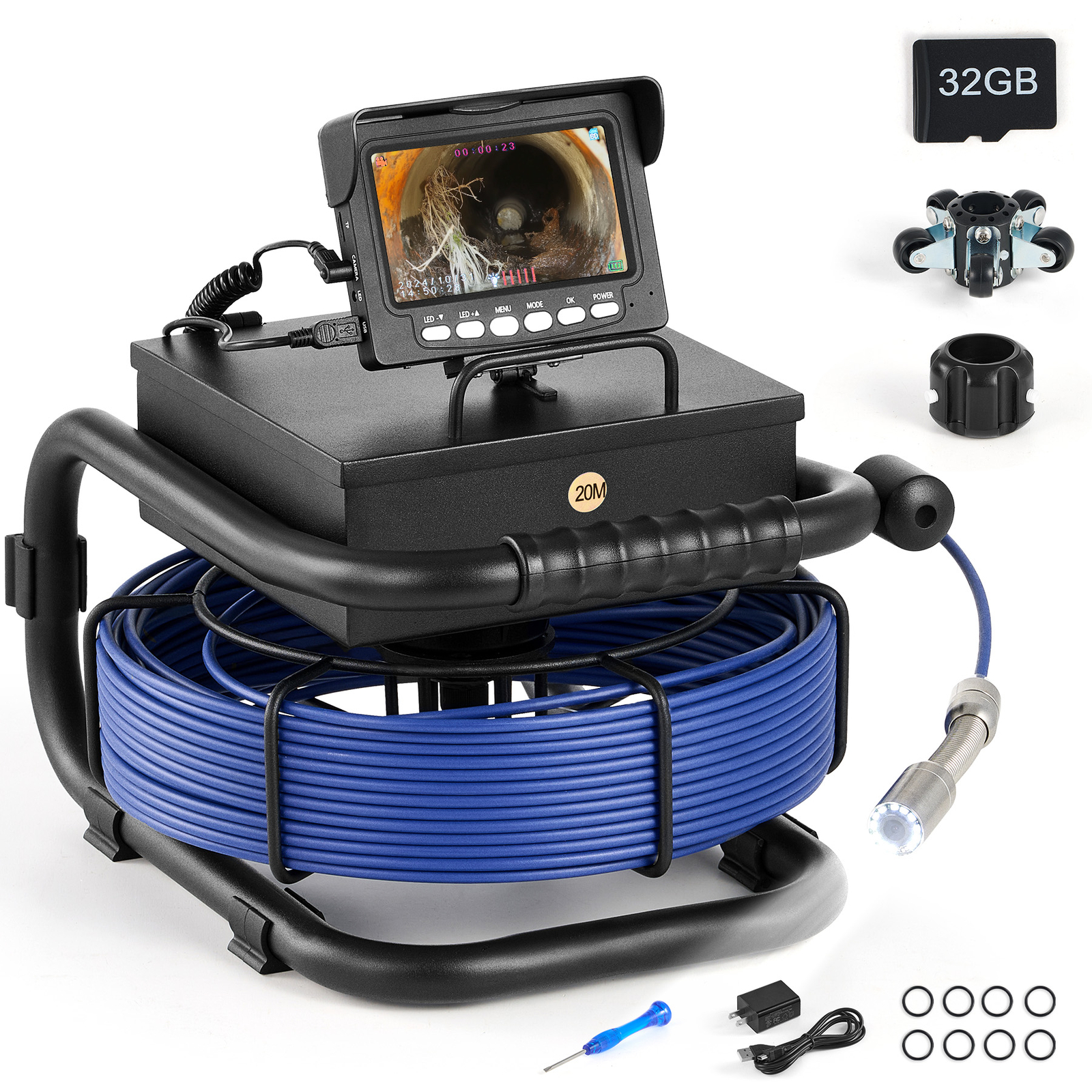 4.3 in. Sewer Inspection Camera w 66ft/20m Cable Rechargeable Battery for Pipe