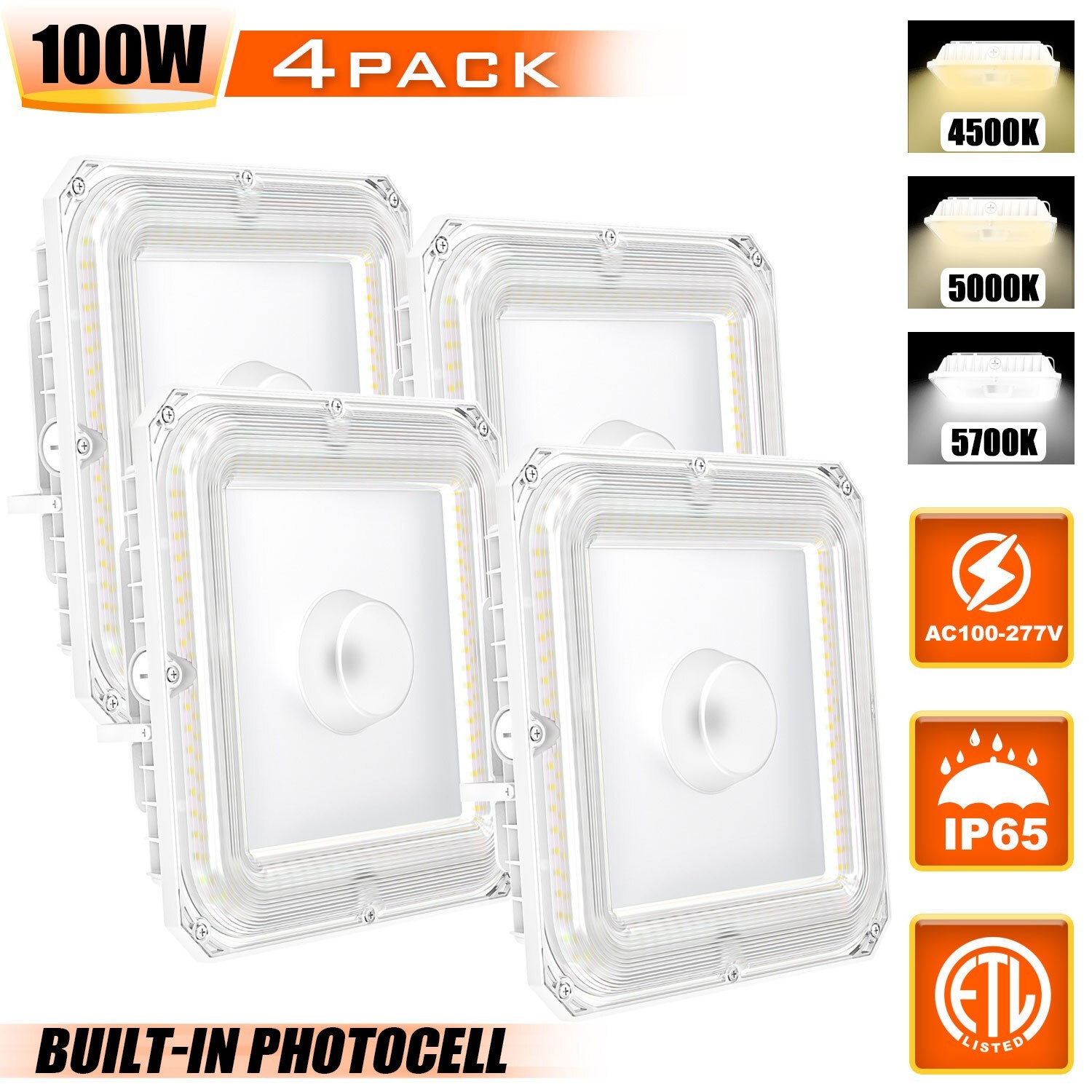 4PACK- IP65 Waterproof Led Canopy Light 100W Outdoor Parking Garage Area Lights