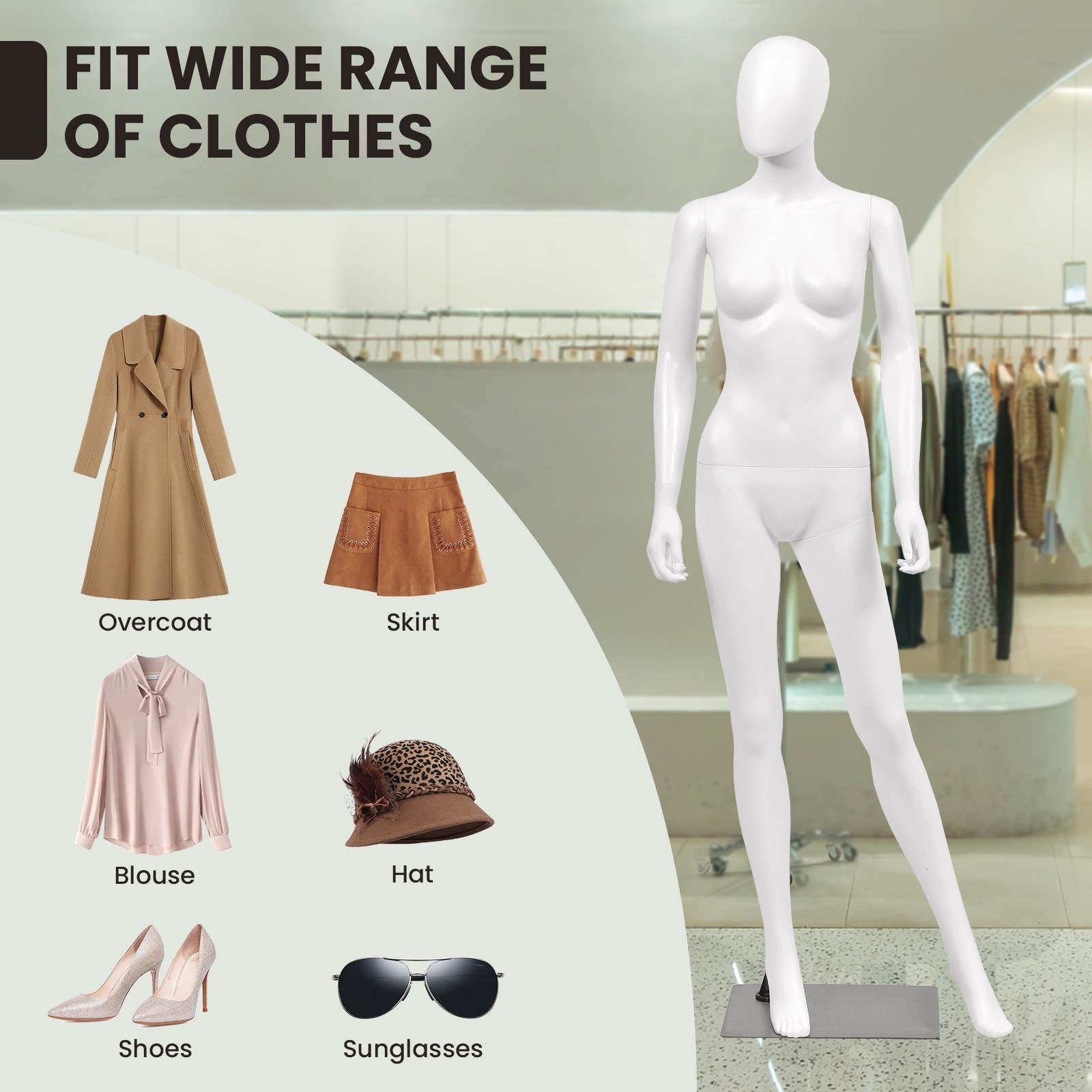 5.8 FT Female Mannequin Egghead Plastic Full Body Dress Form Display