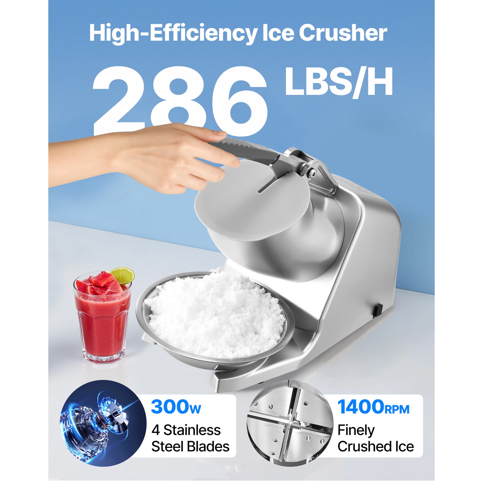 Uimoso Electric Ice Crusher Machine, 286 lbs/hr, Shaved Ice Maker, Silver