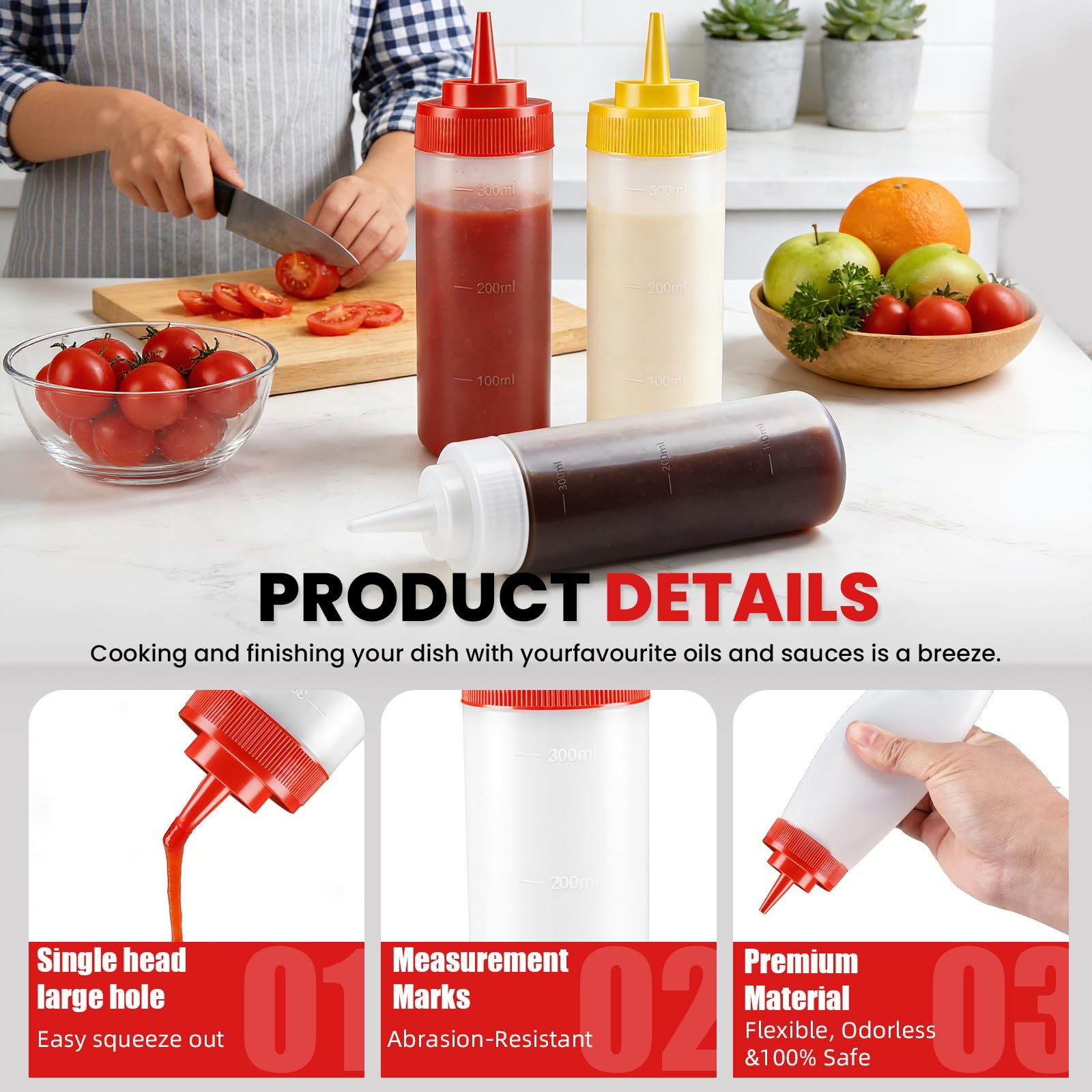 VAKUKK Multicolor Food-Grade Squeeze Bottles 12 Ounces, Clear/Transparent