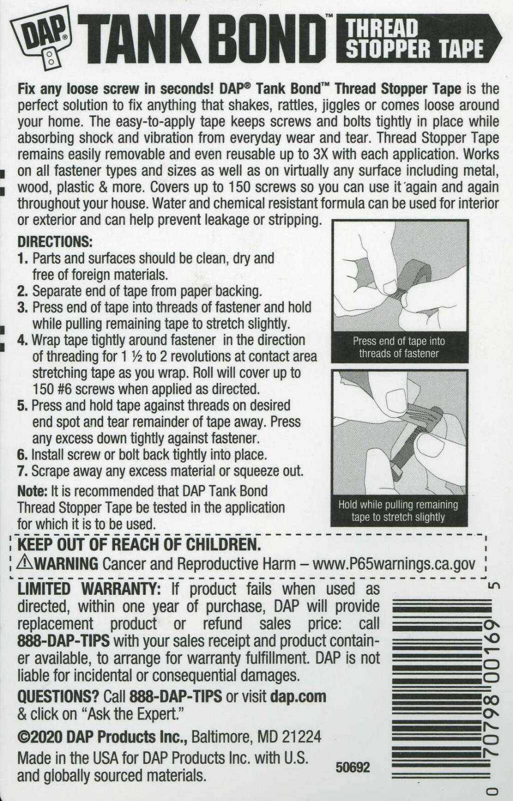 DAP 50692 Tank Bond Thread Stopper Tape, Orange