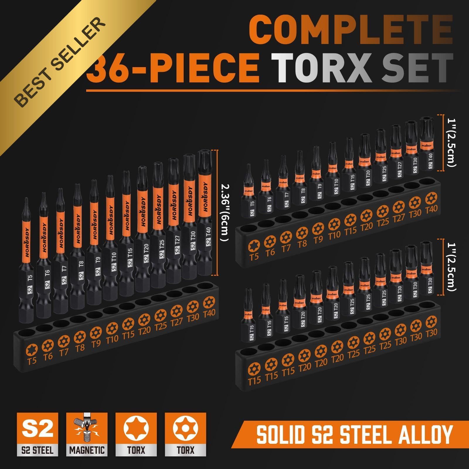 HORUSDY 36pcs Security Torx Bit Set Tamper Proof Star S2 Steel Impact Driver Box