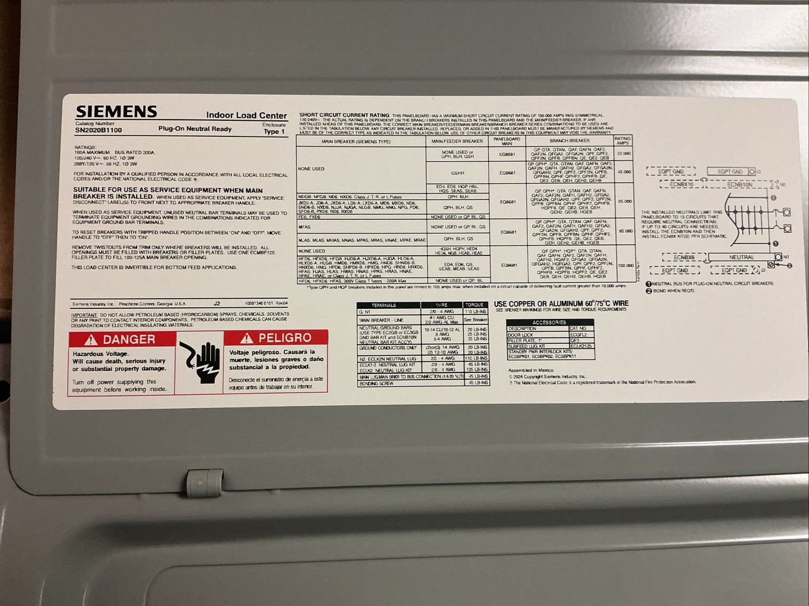 Siemens SN2020B1100P1 100A 120/240V SN Series Main Breaker Load Center (new)