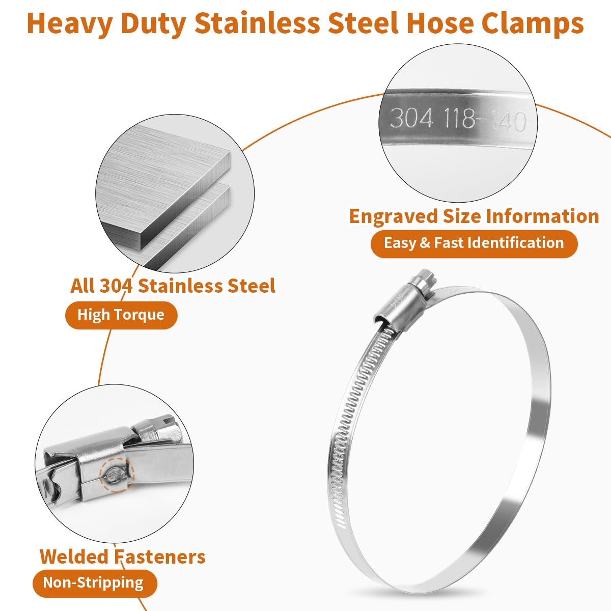 6 Pcs 6 Inch Hose Clamps Stainless Steel Heavy Duty Dryer Hose Clamp Duct Clamps