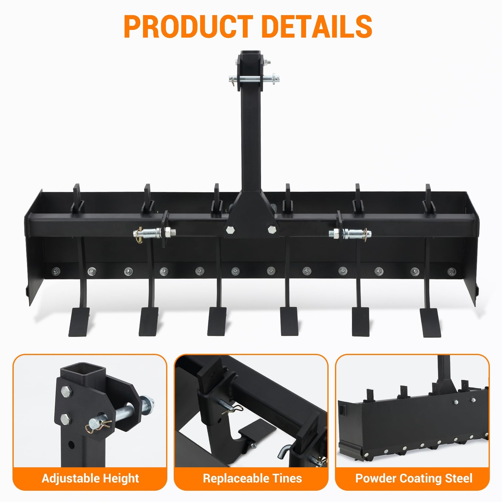 55 Inch Box Blade Tow Behind Scraper 3 Point Quick Hitch for Category 1 Tractor