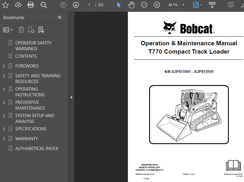 BOBCAT T770 COMPACT TRACK LOADER OPERATORS SERVICE REPAIR SHOP MANUAL PDF USB