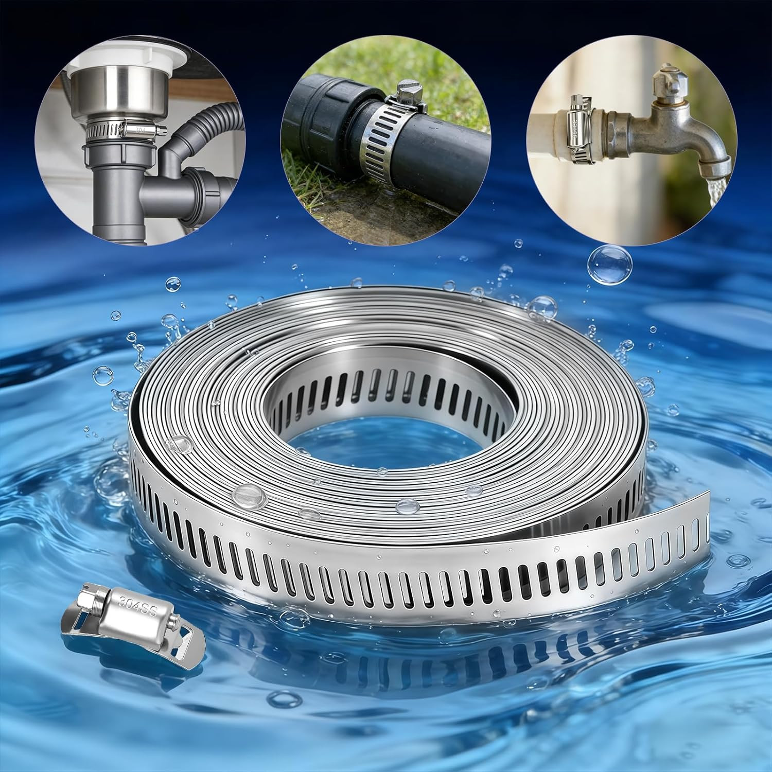 16 FT DIY Hose Clamps Assortment Kit,304 Stainless Steel Hose Clamps，Worm Gear D
