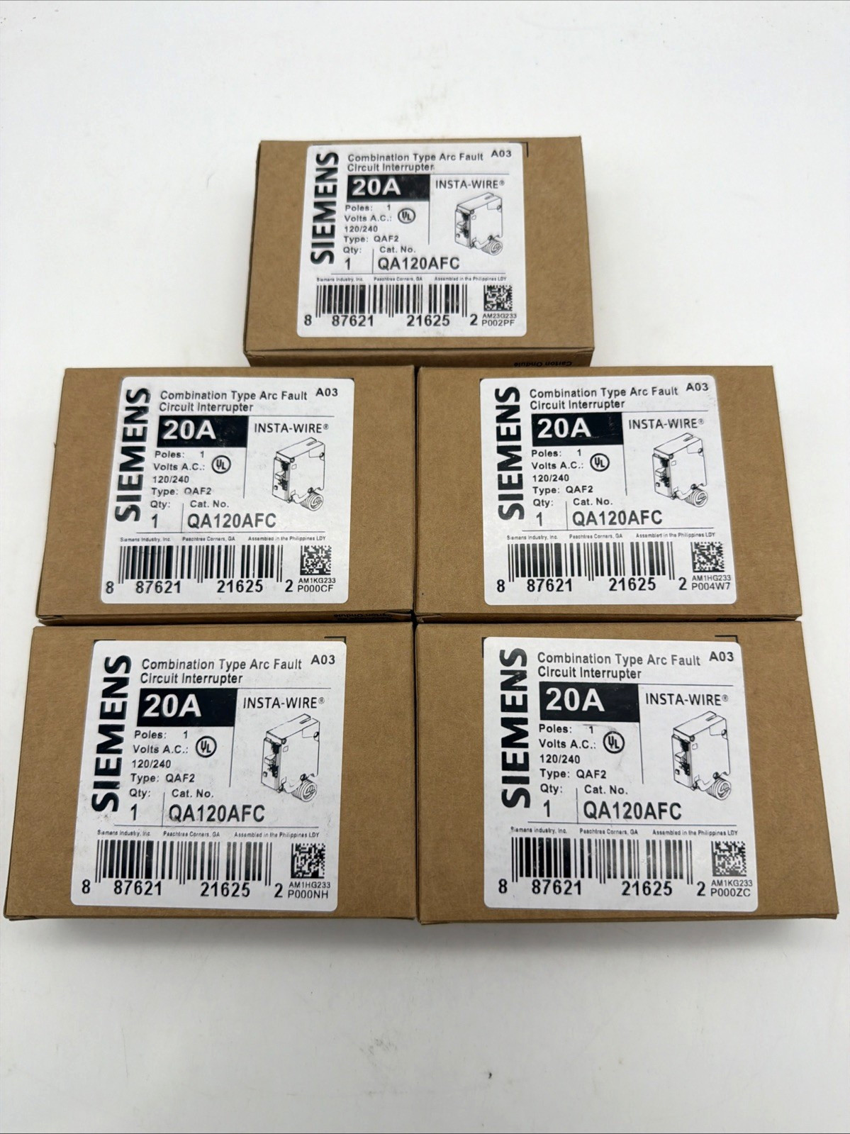 SIEMENS QA120AFC QA120AFCCSA 20A 1-POLE AFCI BREAKER 120V 10KA UL NEW LOT OF 5