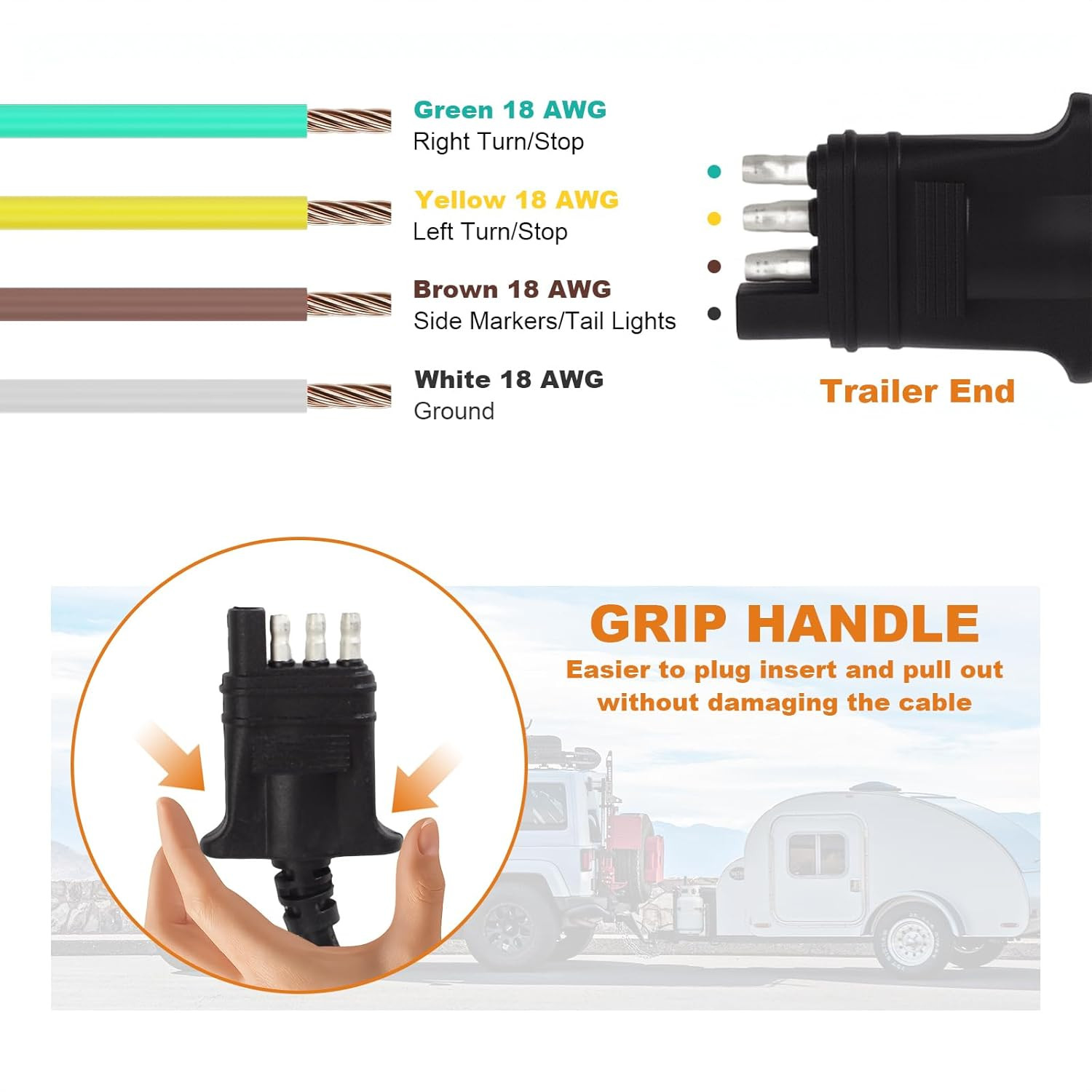 4-Pin Flat Trailer Extension Cable 12 Inch, Heavy Duty 16AWG Copper 4 Way Wiring