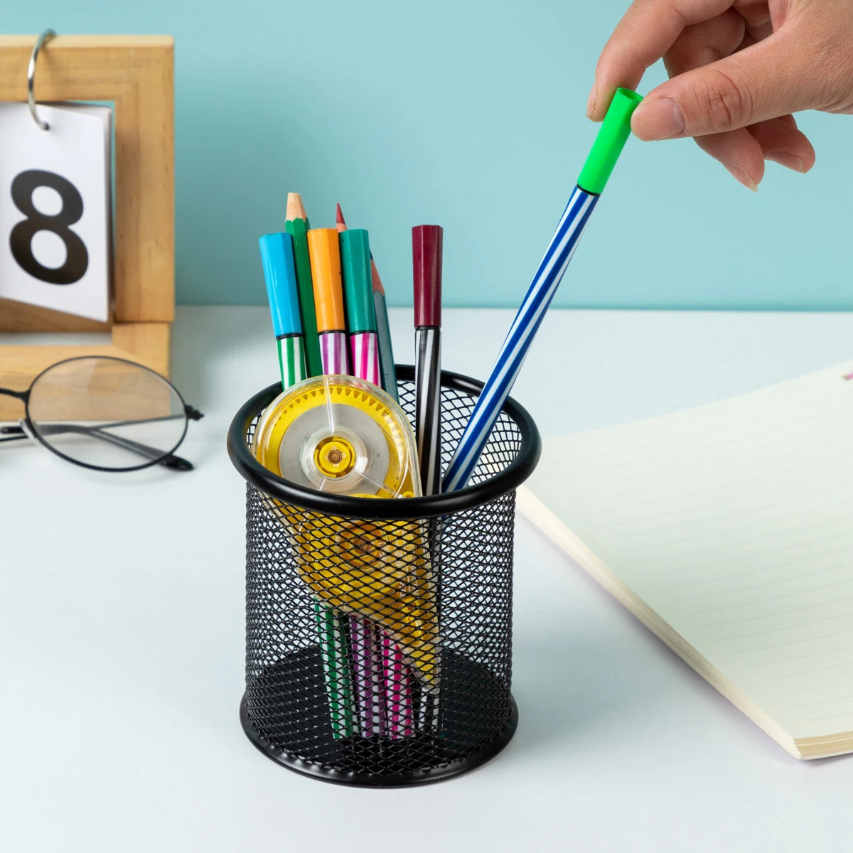 1Pcs Pencil Holder Office Desk Metal Mesh Square Round Pen Pot Cup Case