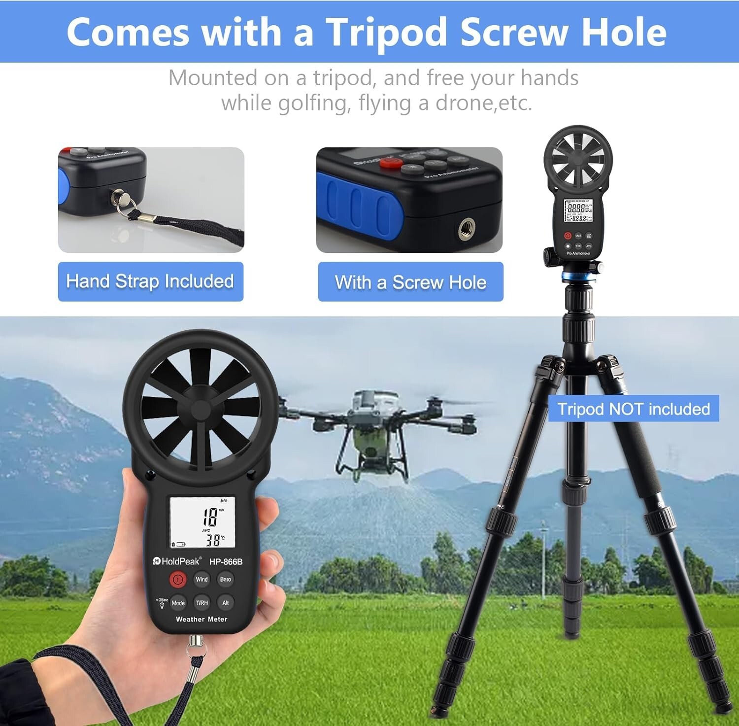 Digital Anemometer 89MPH 113°F 5-Unit Backlit LCD WiFi Bluetooth APP Max/Min/Avg