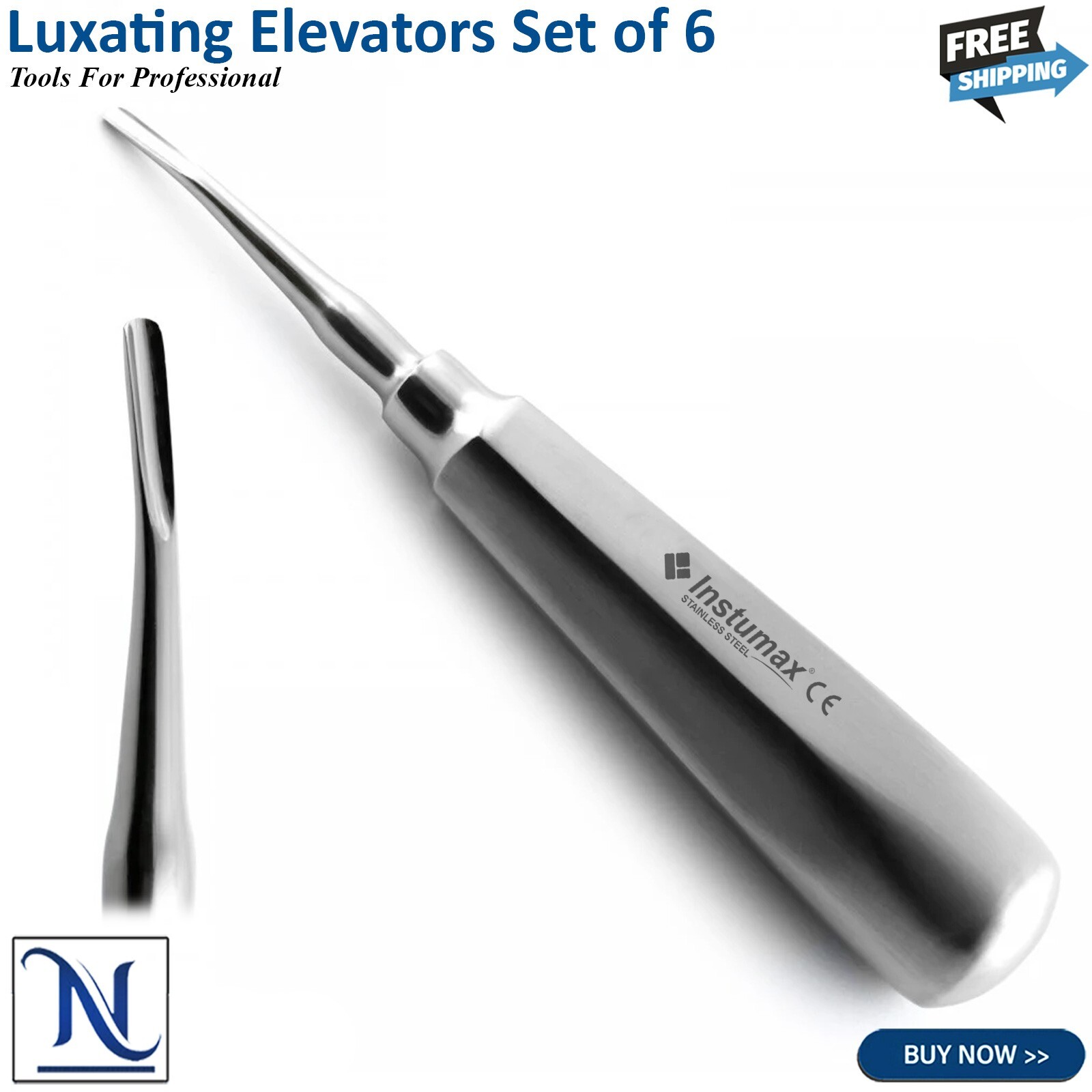 Set Of 6 Dental Luxating Elevators Straight Curved Shank Surgical Extraction Kit
