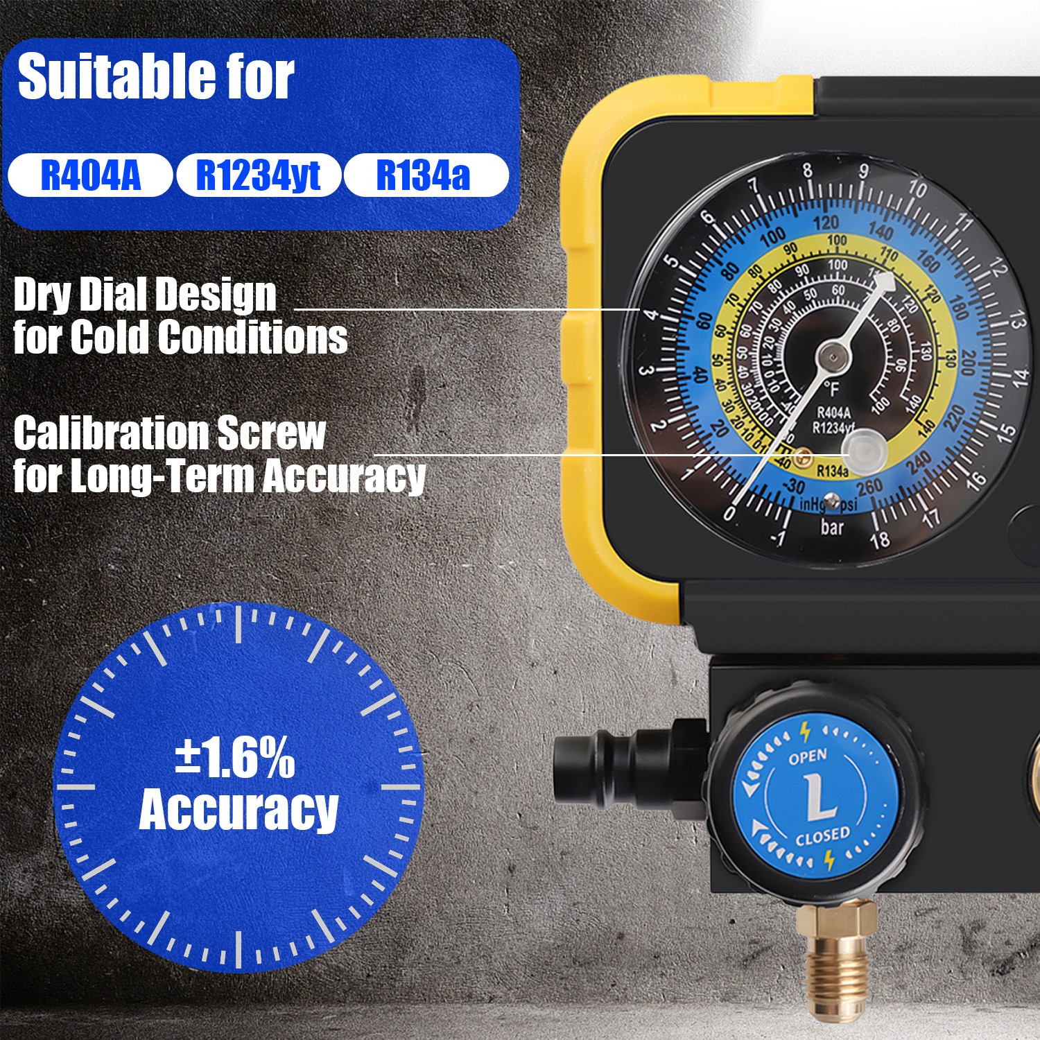 HVAC AC 3‑Way Manifold Gauge Set w/ 5ft Hoses R1234yf R404a R134a Refrigeration