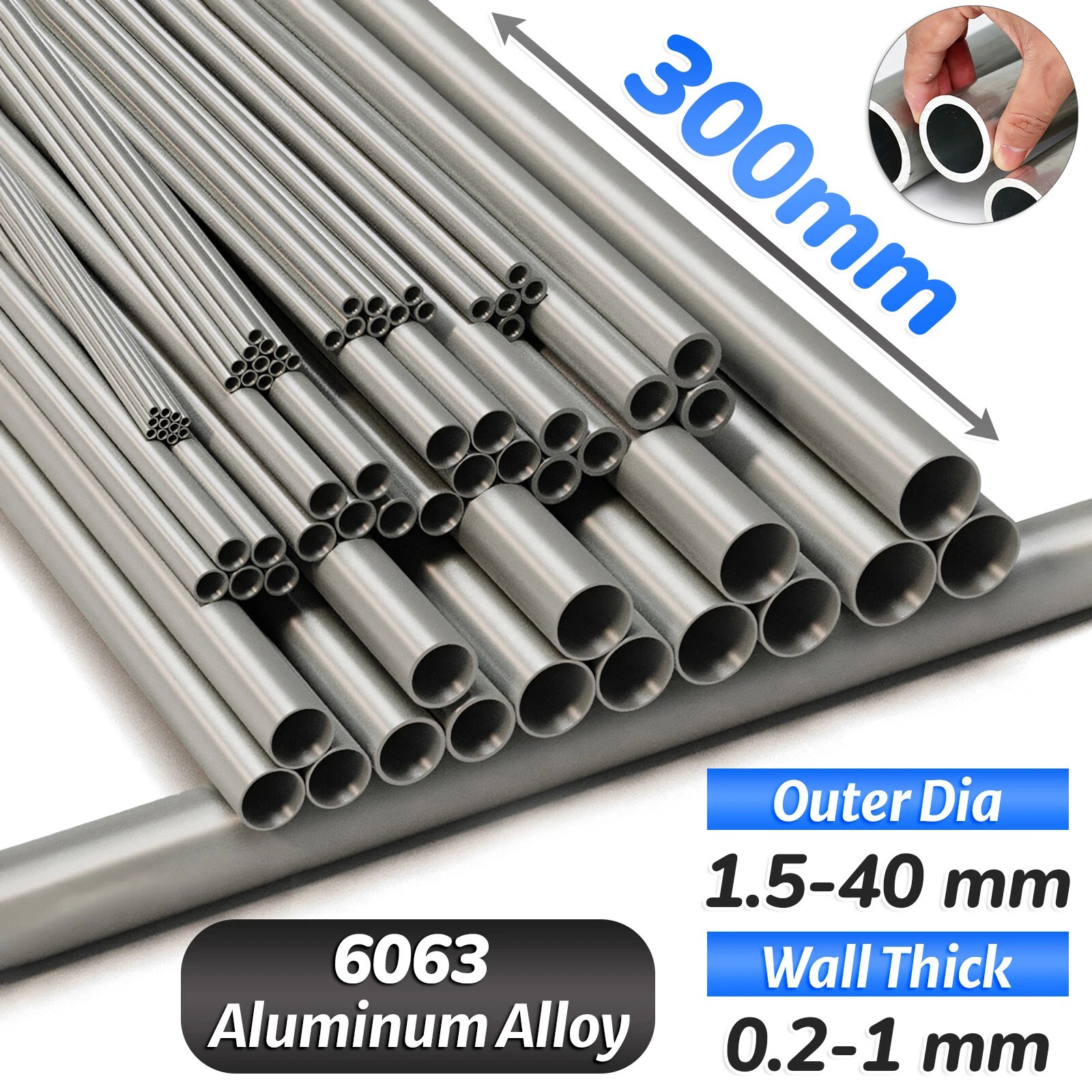 Aluminium Round Tube Pipe 0.2mm 0.5mm 1mm Wall Thickness, Length 300mm 6063T6