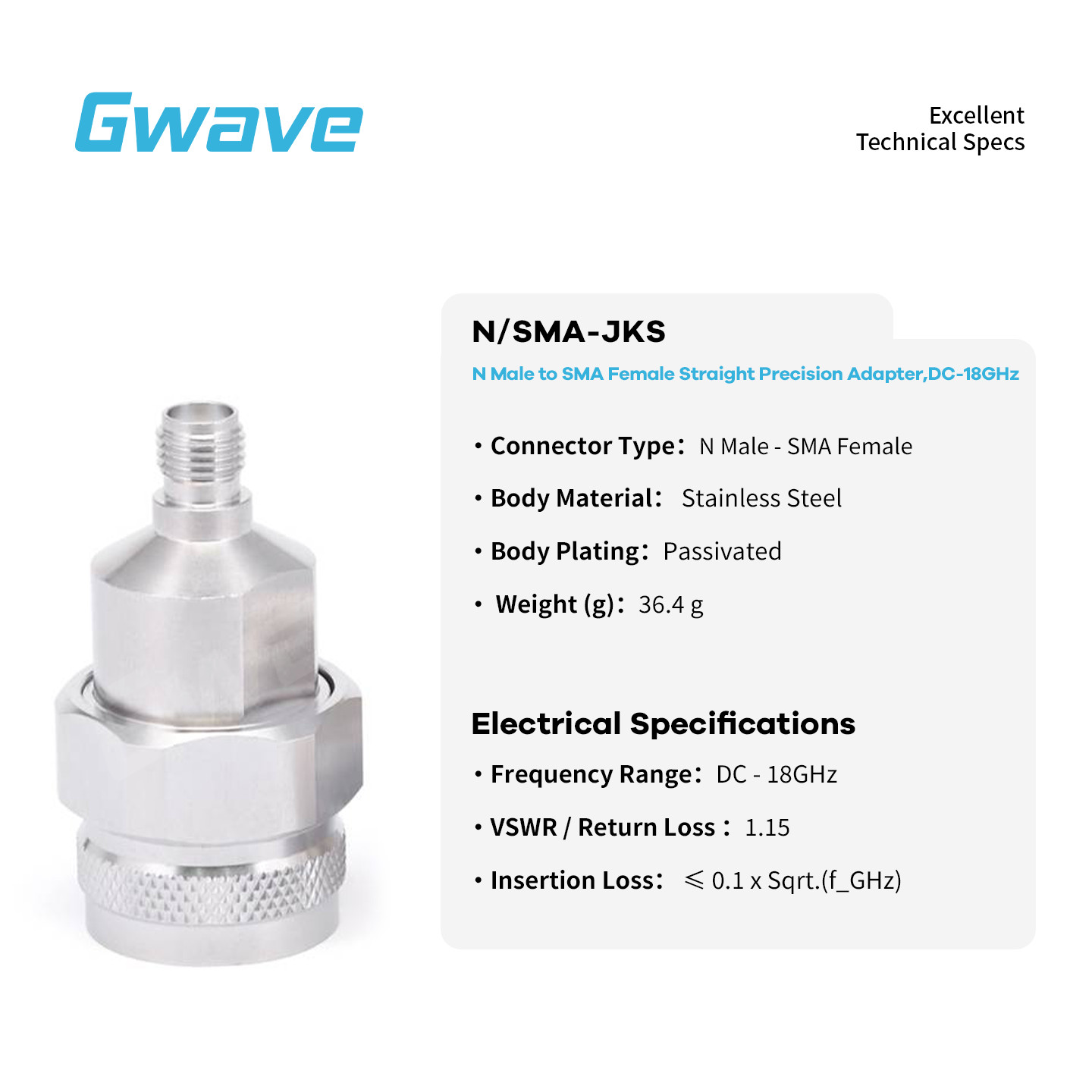 N Male to SMA Female Adapter, DC – 18GHz