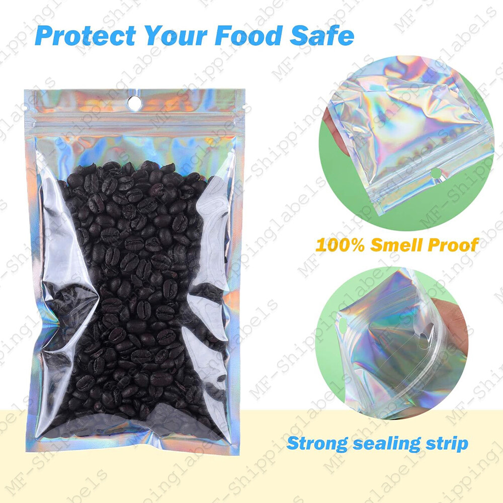Smell Proof Mylar Holographic Bags Foil Pouch Resealable Clear Zip Food Storage