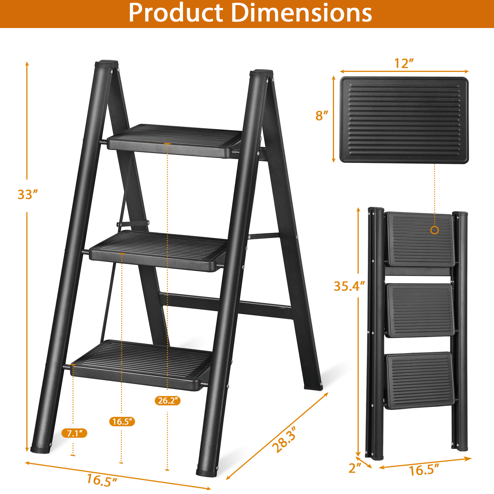 Step Ladder 3 Step Folding Step Stool 330 Lbs for Home Tall Kitchen/Closet Black