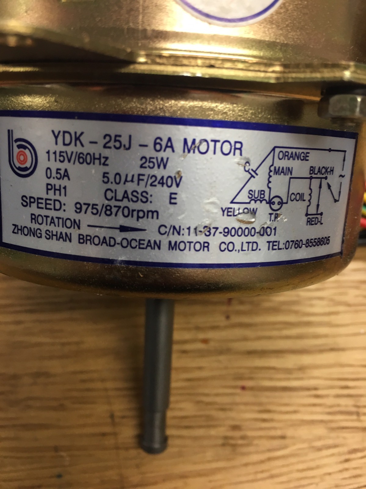 YDK-25J-6A AIR CONDENSER FAN MOTOR FITS MULTIPLE BRANDS ZHONG SHAN 115V/60Hz 25W