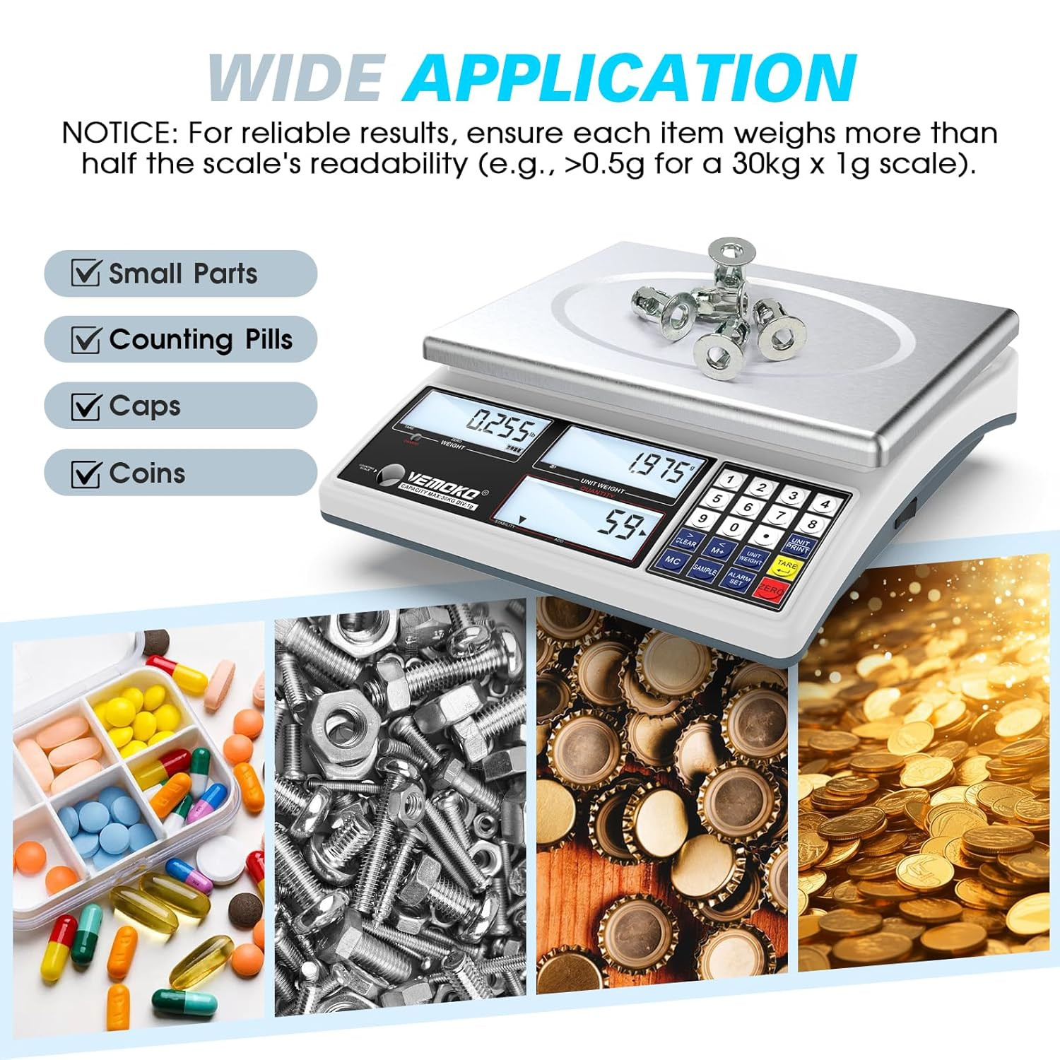 Industrial Counting Scale for Small Parts – 30Kg/66Lb Digital Gram Scale with 1G