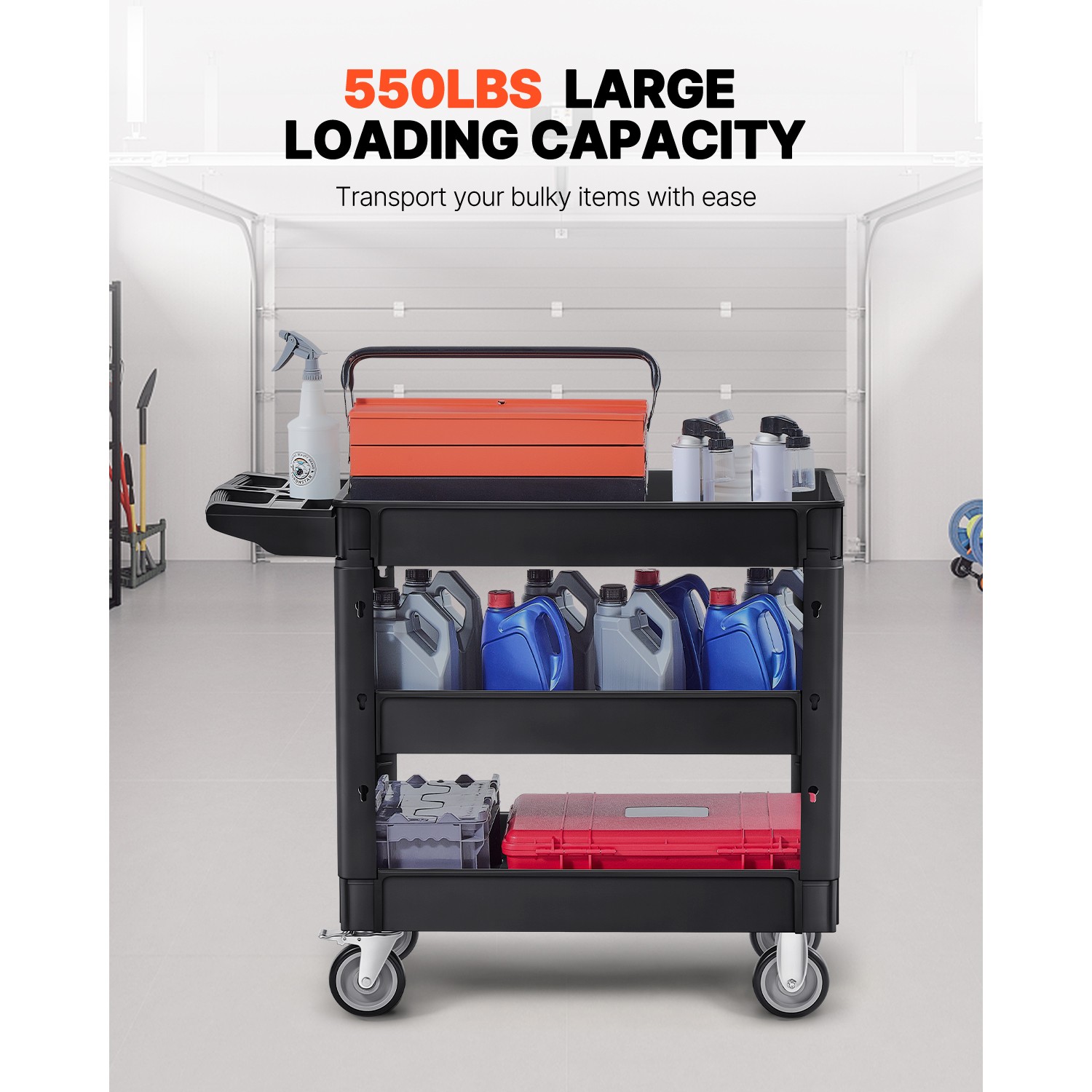 VEVOR Utility Service Cart 3 Shelf 550LBS 360° Swivel Wheels (2 with Brakes)