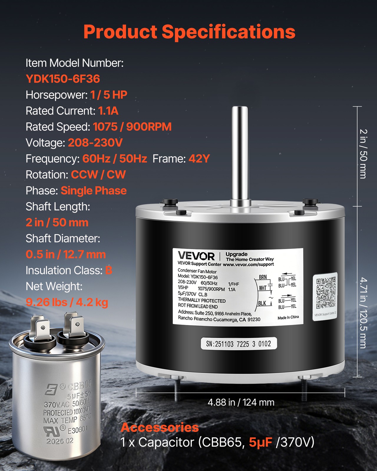 VEVOR Condenser Fan Motor with Capacitor 1/5HP 1075/900RPM 208-230V CW/CCW