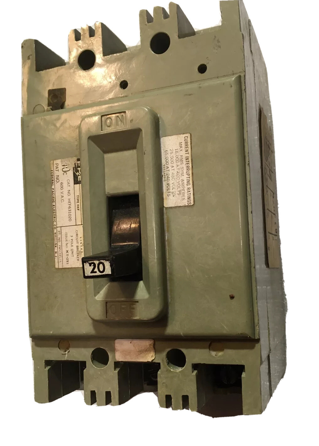 FEDERAL PACIFIC Electric HEF631020 20A 600V 3P CIRCUIT BREAKER WARRANTY