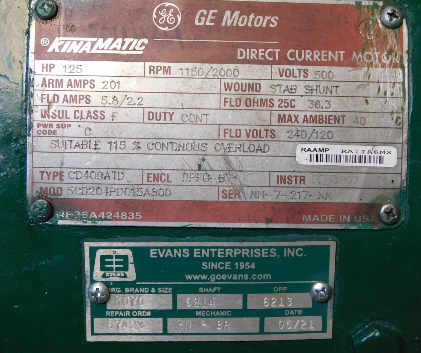 G.E. KinaMatic 125hp 1150/2000 Rpm 500V DC Motor 5CD204PD015A800 CD409ATD