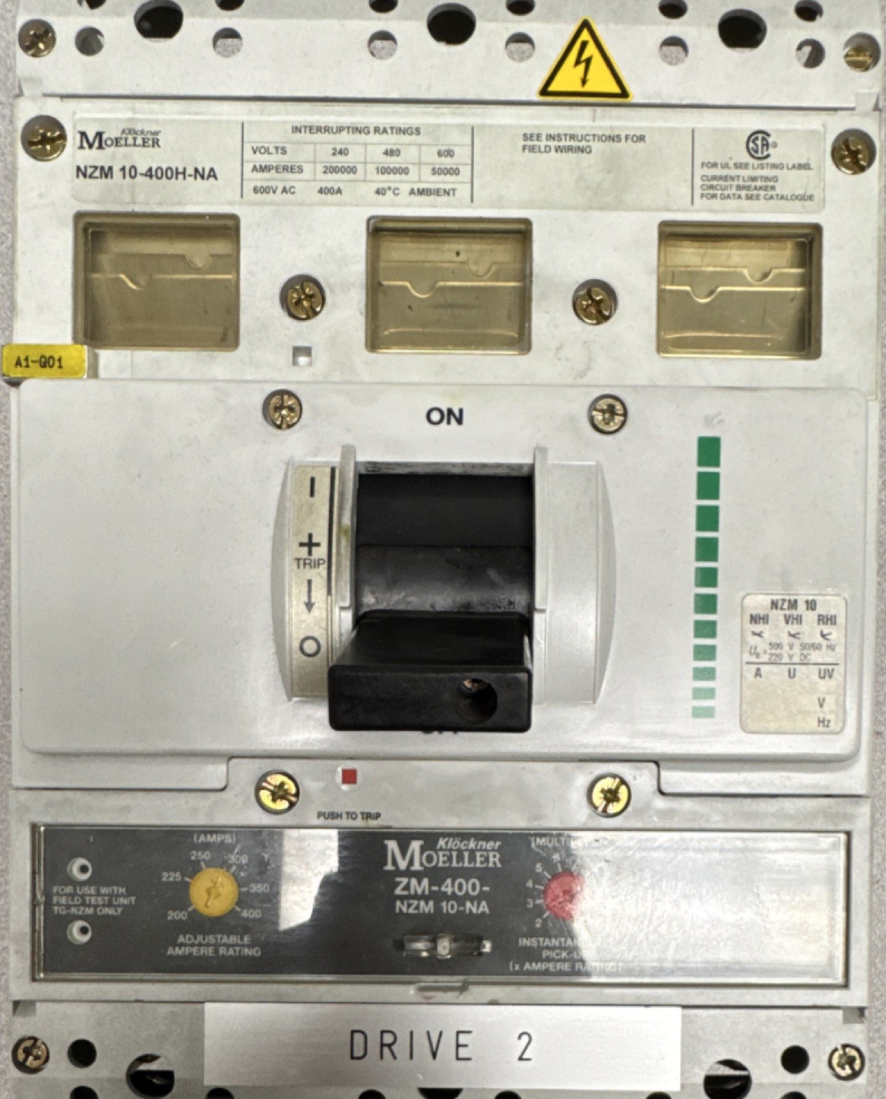 Moeller NZM 10-400H-NA Main Breaker 400A 600V AC Adjustable Instantaneous