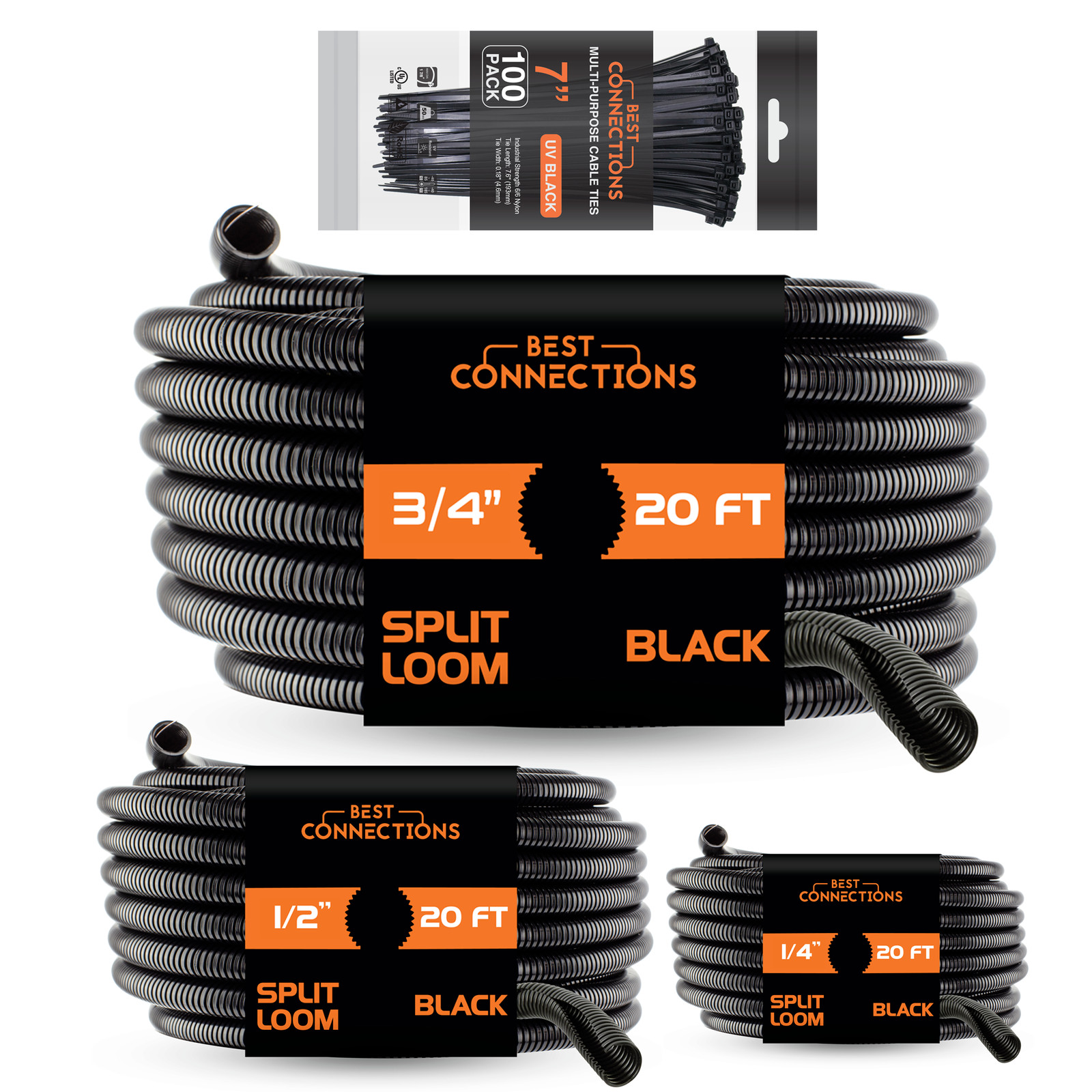 1/4″ 1/2″ 3/4″ 20 Ft Split Loom Black Wire Harness W/ 7″ Nylon Cable Ties